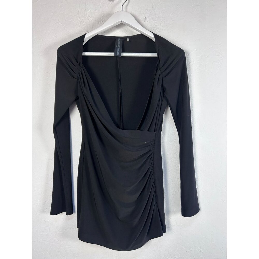 Norma Kamali Womens Black Long-Sleeve Draped Ruched Top Size Medium 38 Stretch